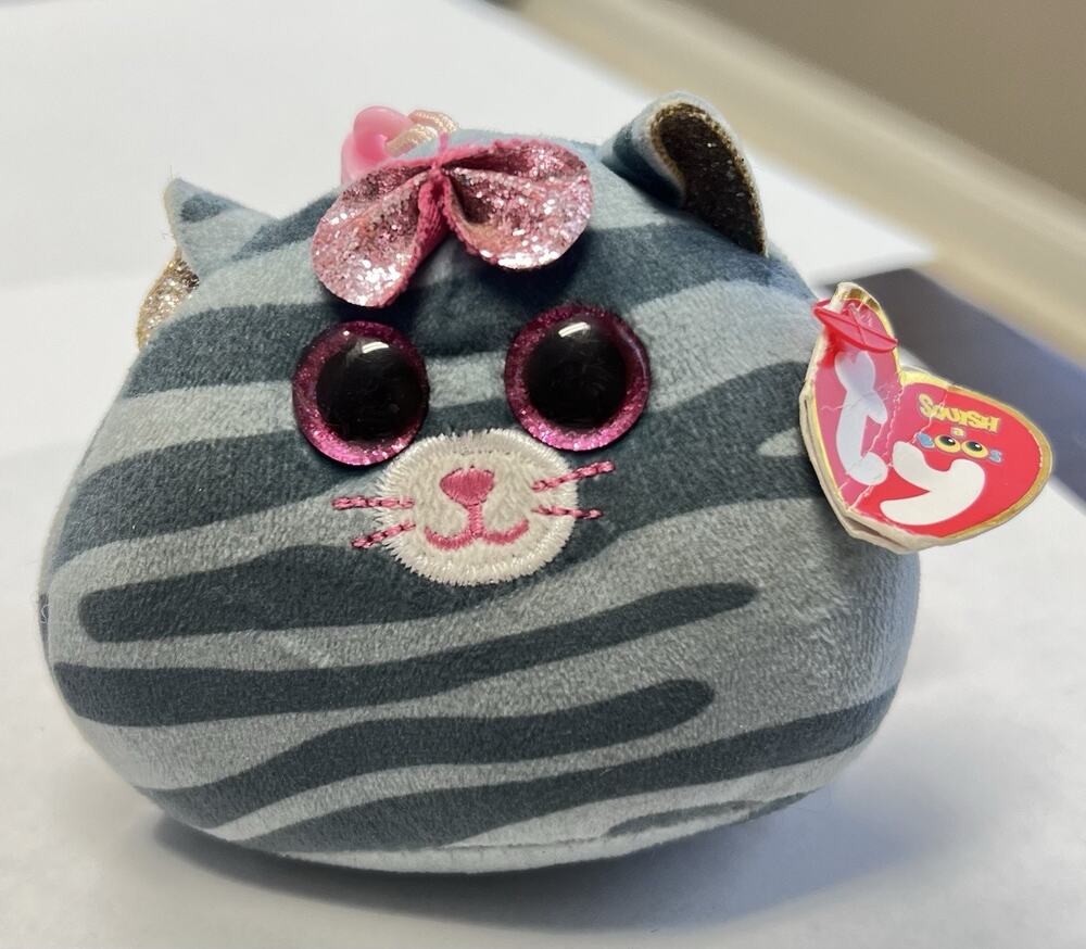Ty Squish-a-Boos Gray Striped Cat Clip Keychain Plush Pink Glitter Eyes KIKI